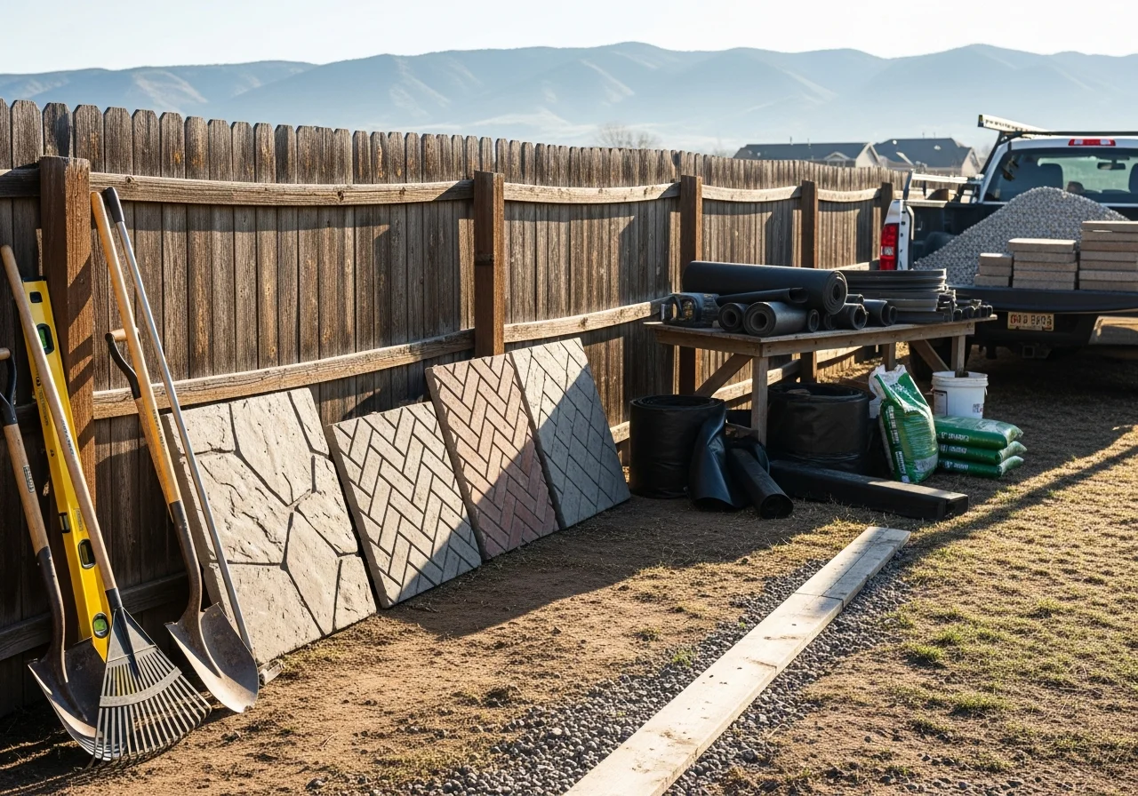 Outdoor construction site showing concrete work, fencing materials, and landscaping tools staged for a residential project.