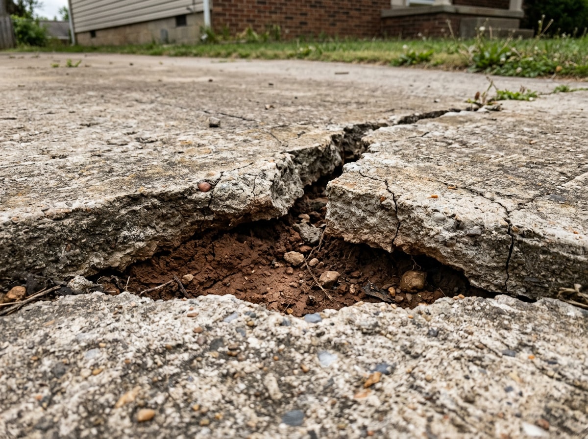 Close-up of a cracked concrete driveway joint showing soil movement damage near Castle Rock, CO