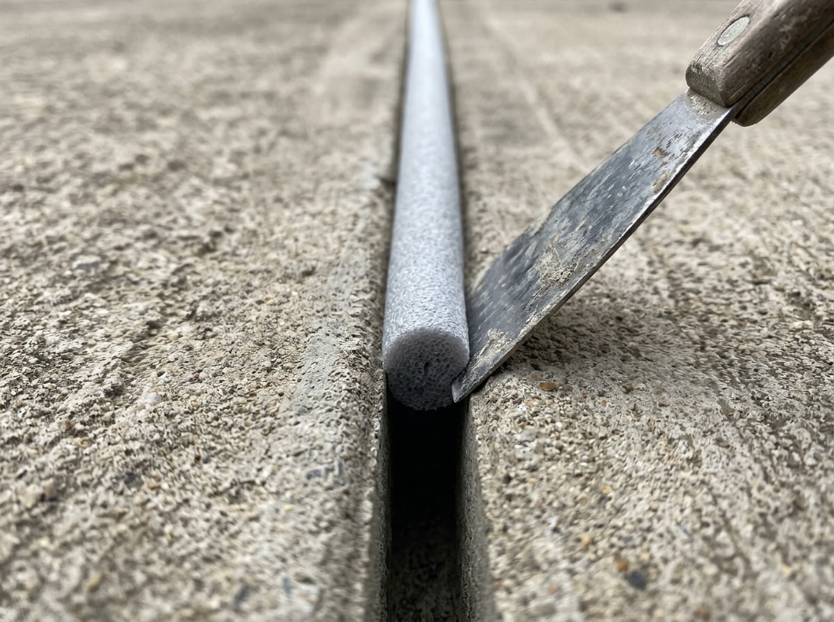 Diagram showing backer rod placement inside a concrete joint before flexible sealant application