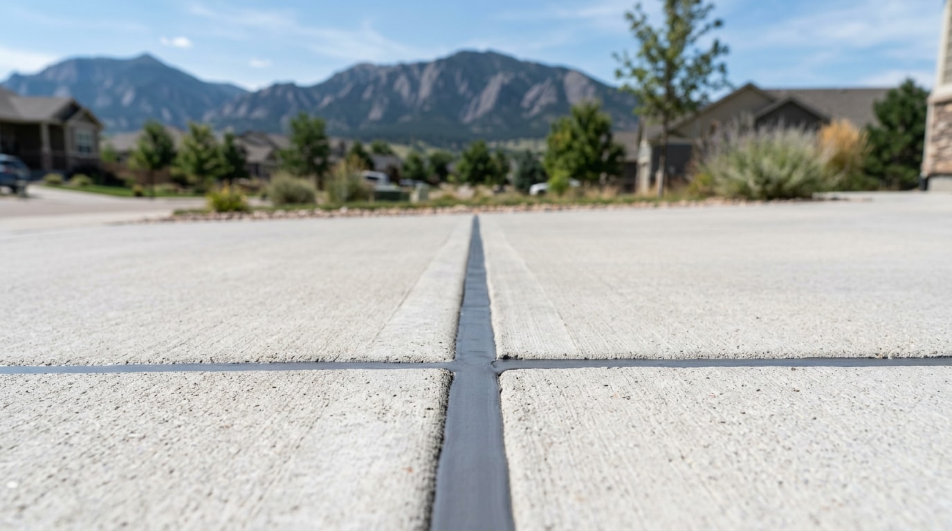 Freshly sealed concrete driveway joint with flexible polyurethane caulk in Castle Rock, Colorado