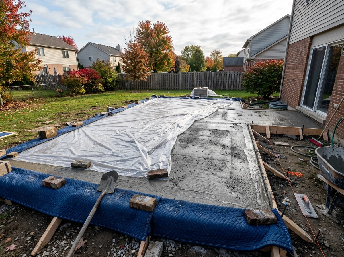 Freshly poured concrete patio slab curing under plastic sheeting in Downtown Denver