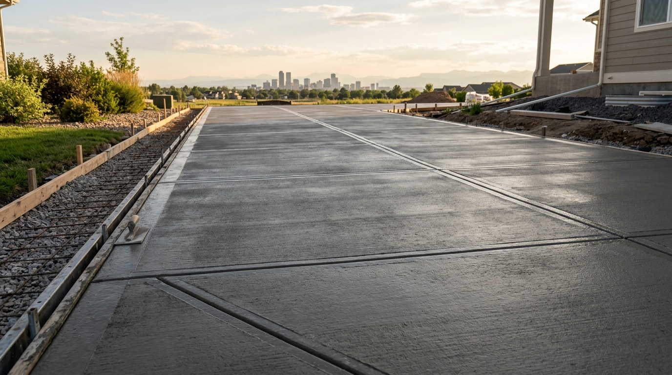 Freshly poured concrete driveway curing in Downtown Denver
