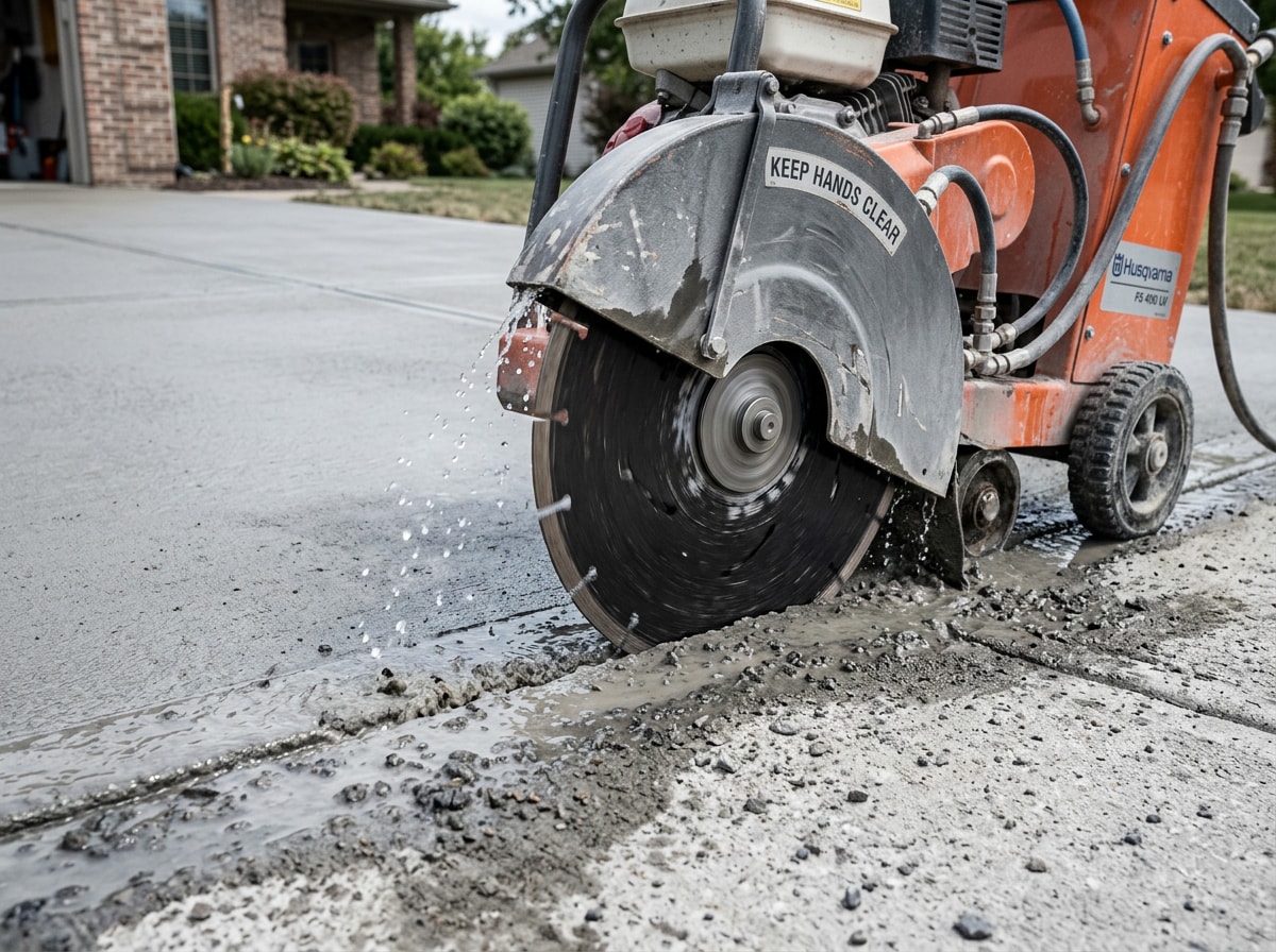 Diamond blade walk-behind saw cutting a fresh control joint into a residential driveway slab