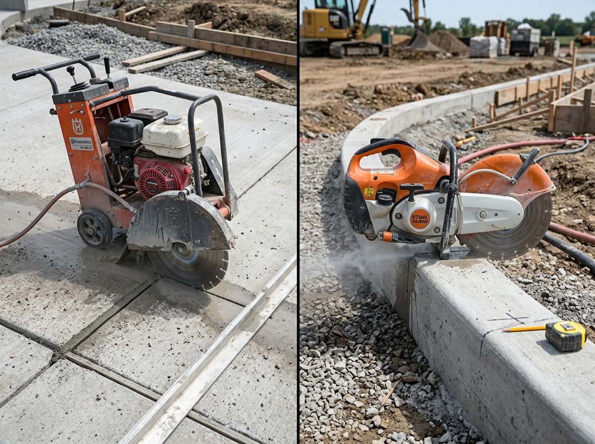 Side-by-side comparison of a walk-behind concrete saw and a handheld concrete saw used for slab and curb cutting