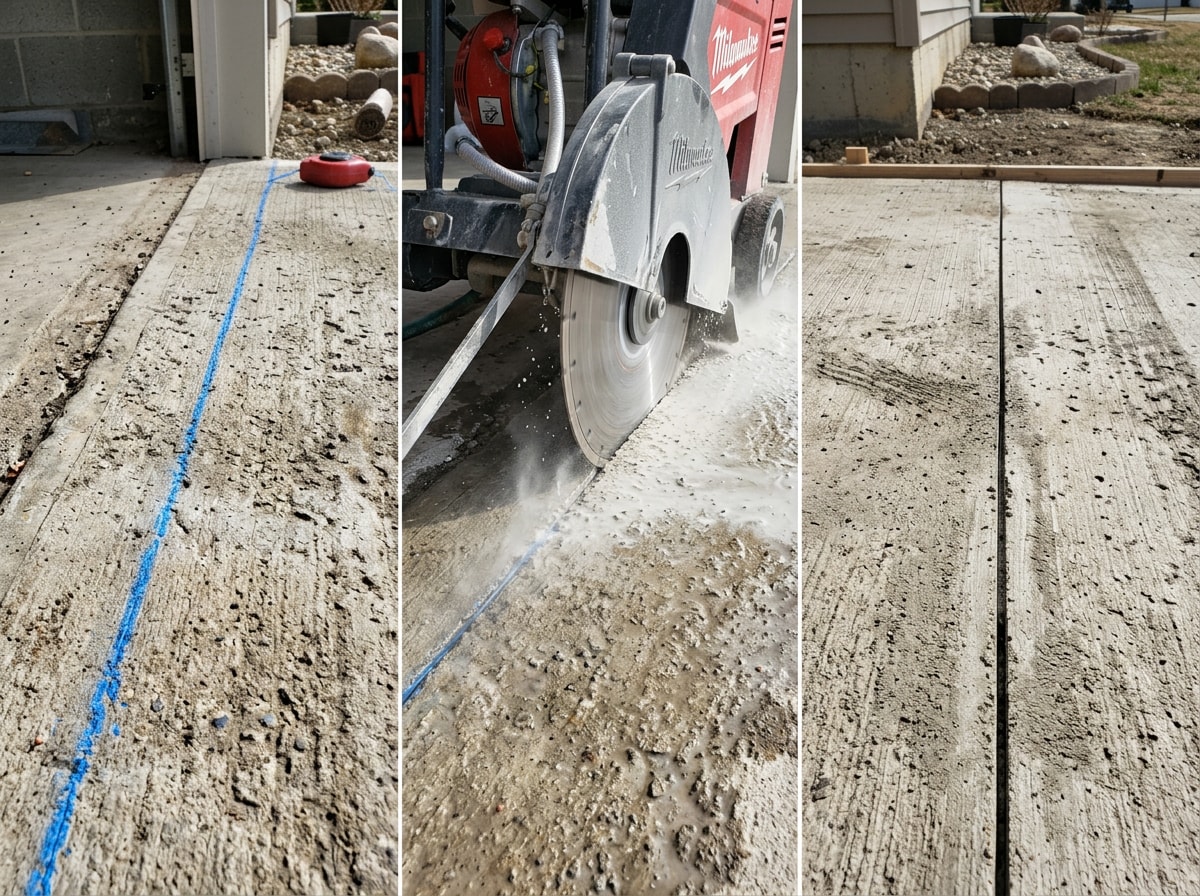 Sequence showing chalk line marking, blade entry, and final clean saw pass on a concrete slab