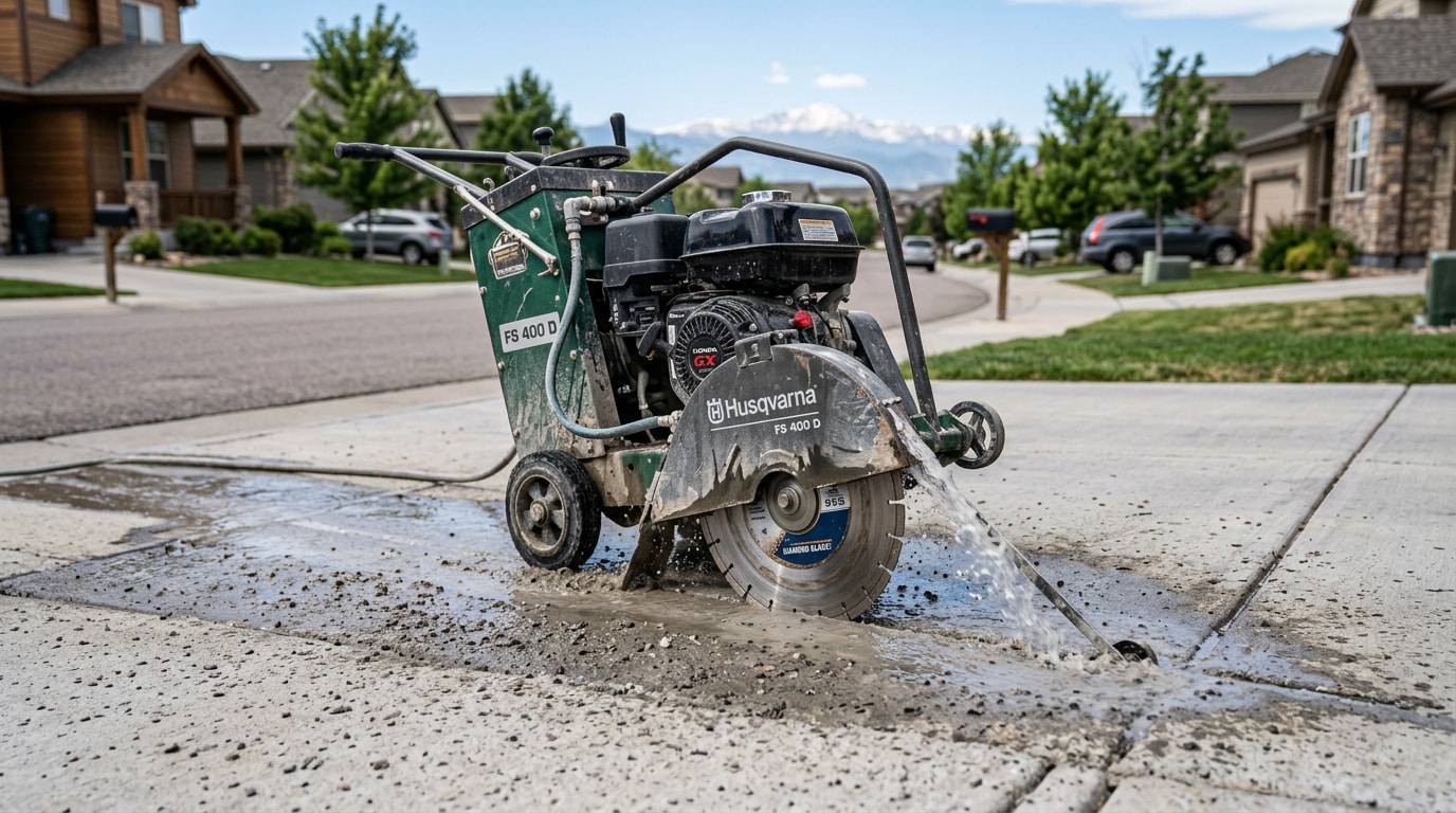 Walk-behind diamond saw cutting a control joint into a residential concrete driveway with mountains in the background