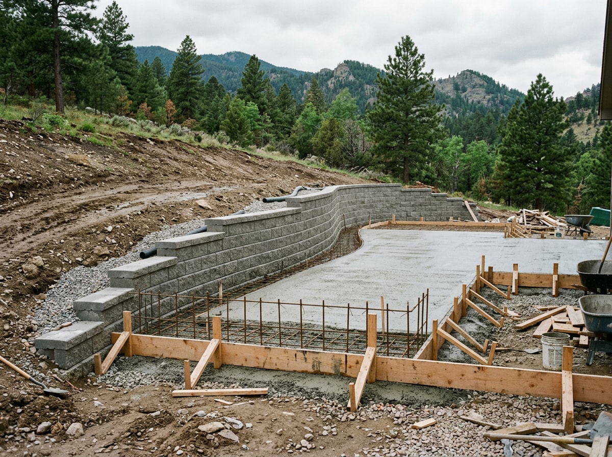Concrete retaining wall and newly poured patio slab under construction on a sloped Golden, CO lot