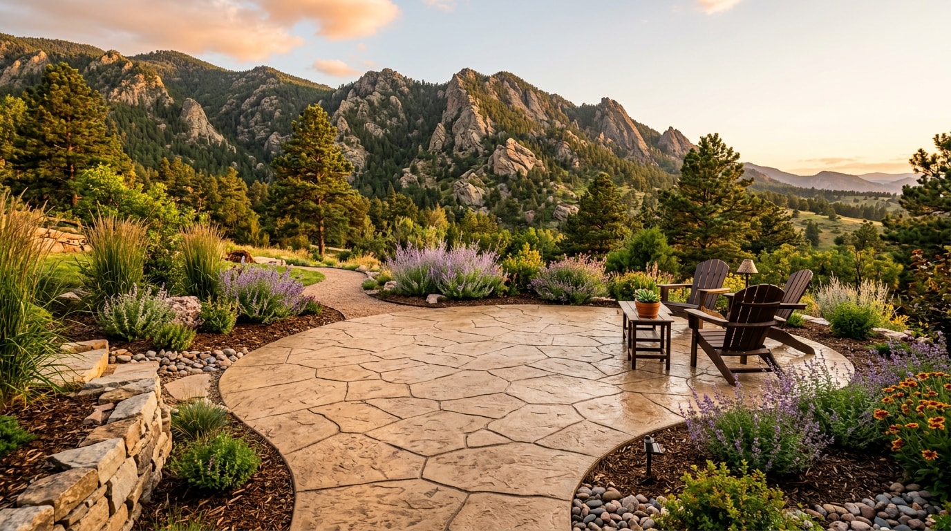 Finished stamped concrete patio in a Golden, CO foothills backyard
