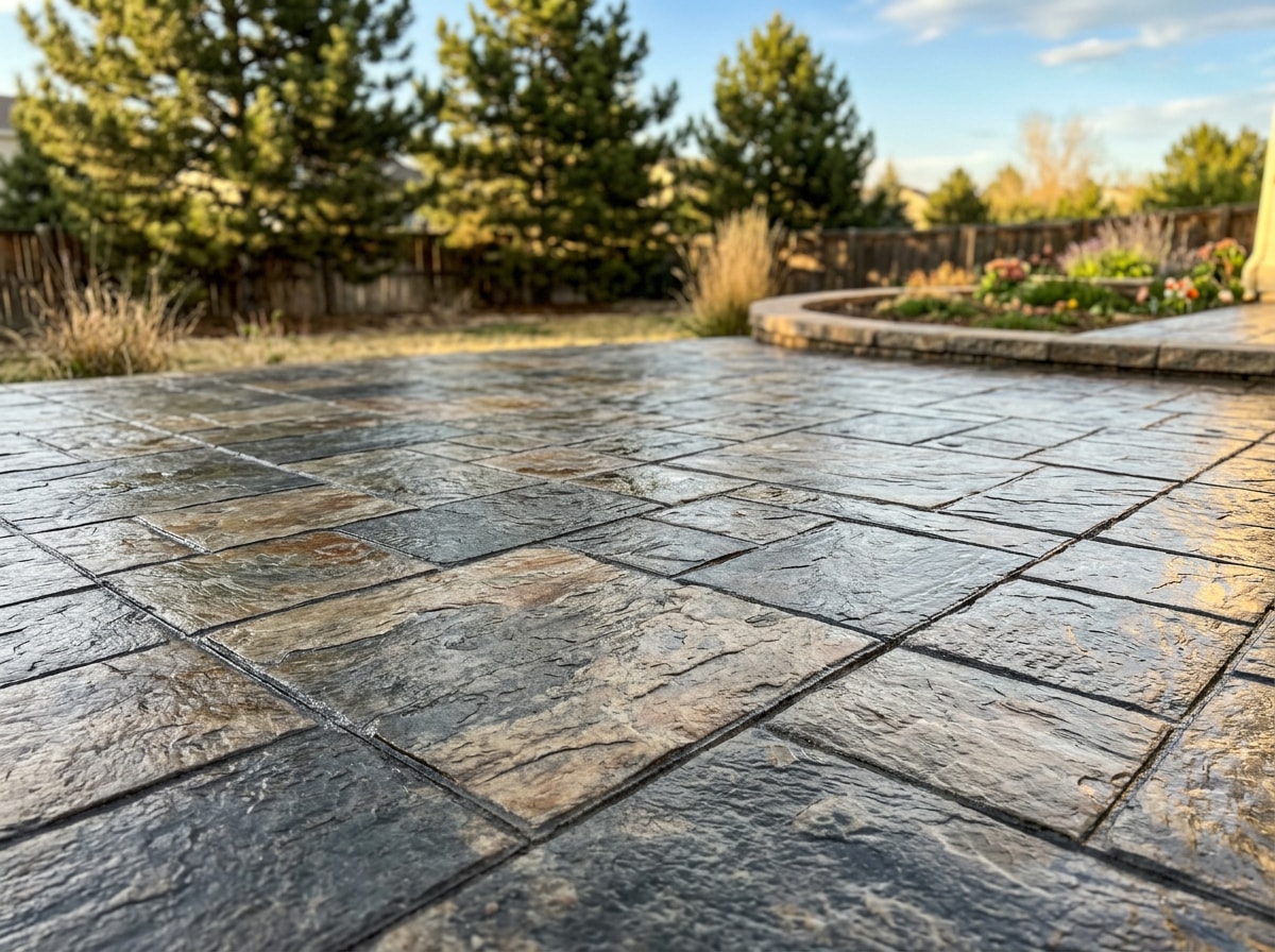 Stamped concrete patio with ashlar slate pattern in a North Denver backyard