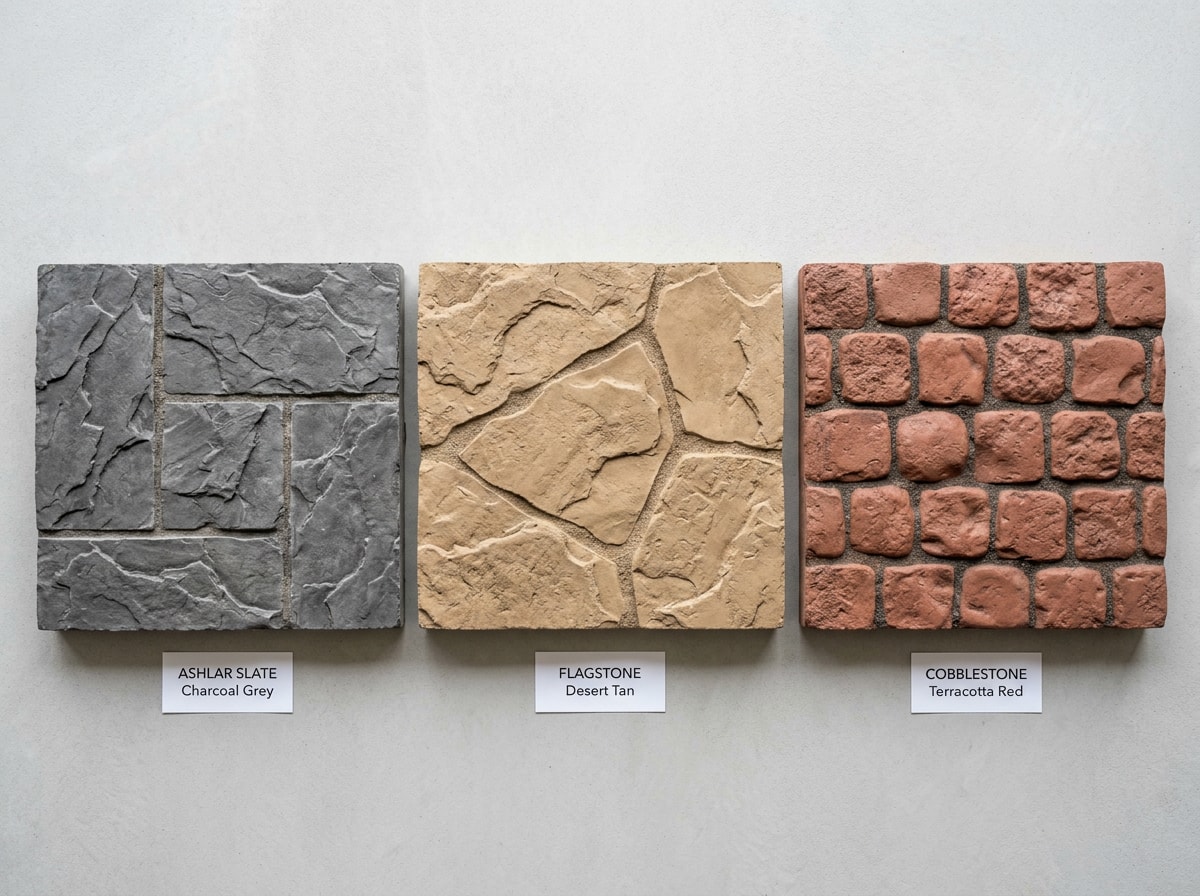 Gallery grid showing ashlar slate, flagstone, and cobblestone stamped concrete pattern samples