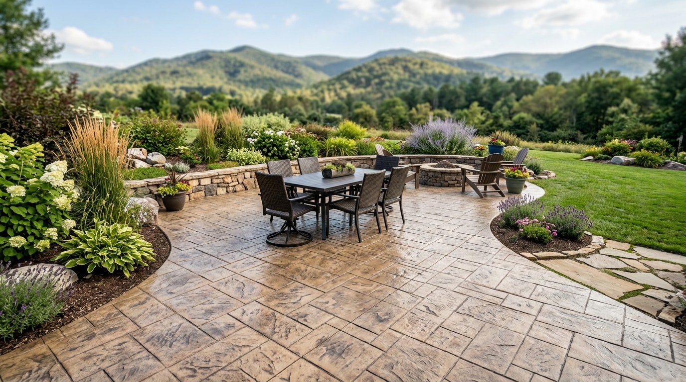 Finished stamped concrete patio in ashlar slate pattern in a North Denver backyard