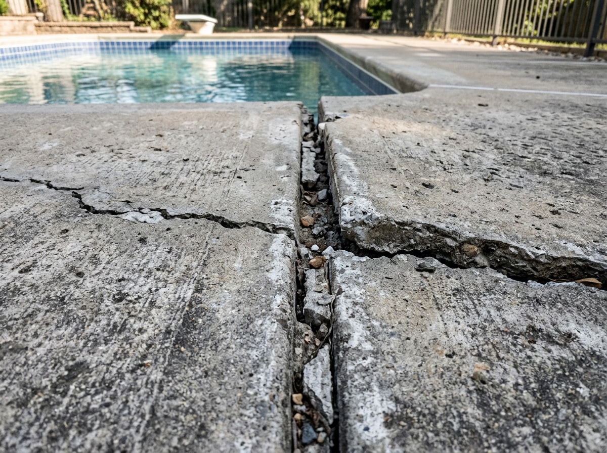 Cracked and uneven concrete pool deck showing signs of settling damage