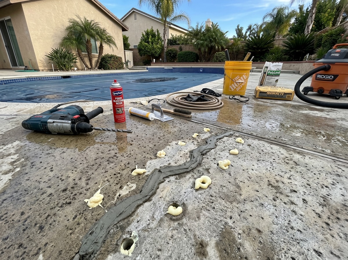 Contractor repairing cracks and stabilizing the base during pool deck surface preparation