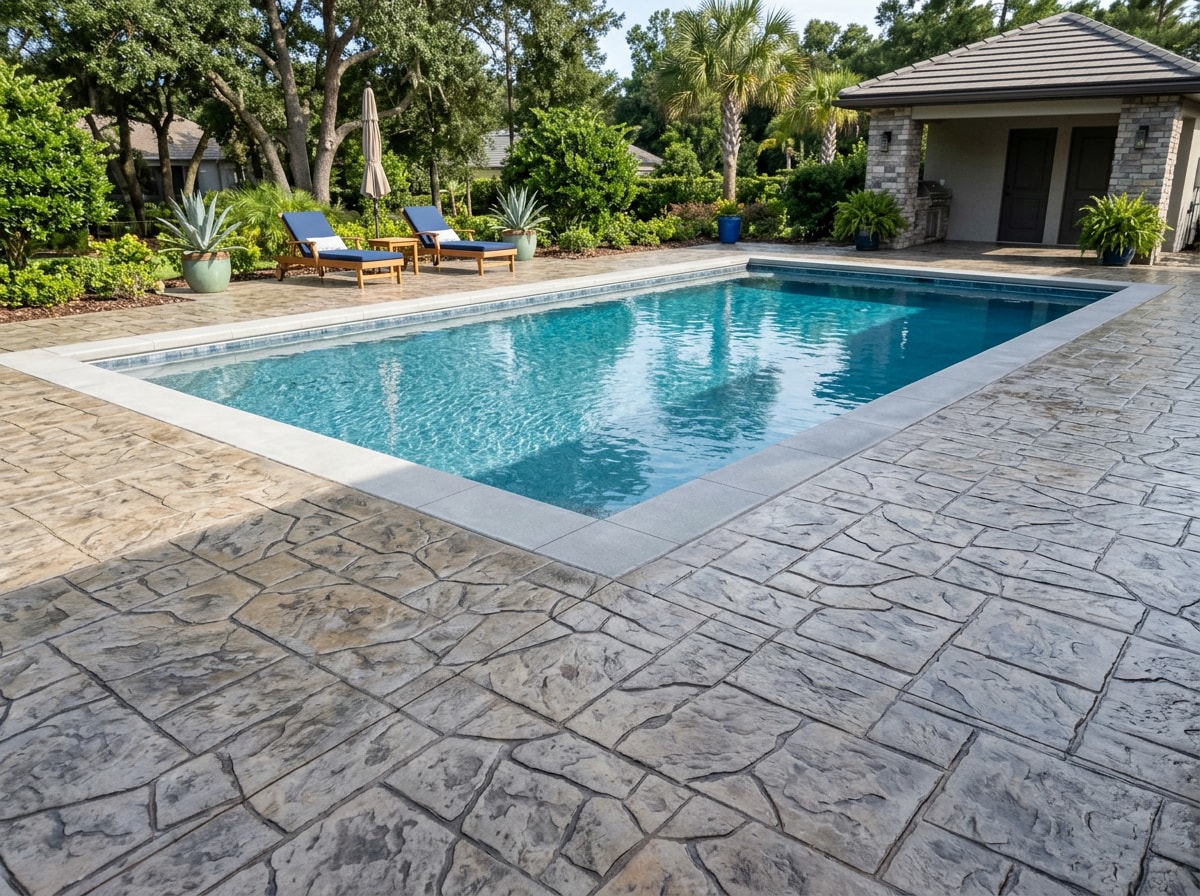 Finished stamped concrete pool deck after repair and resealing