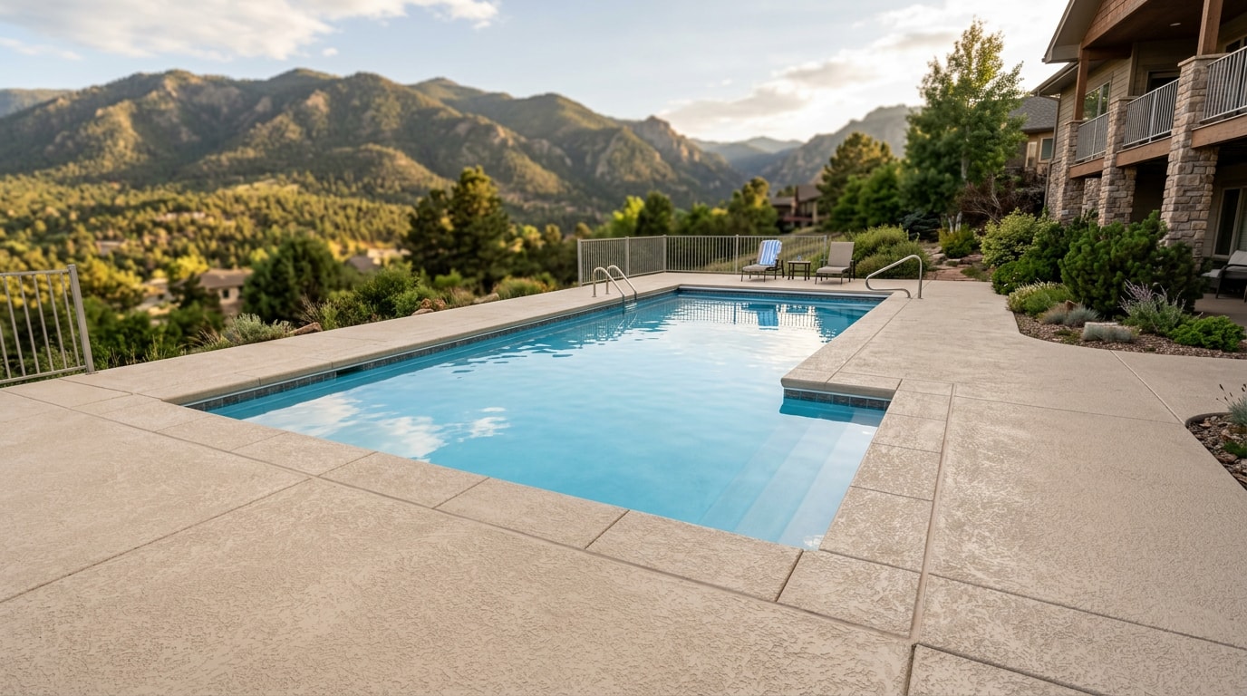 Freshly repaired and resealed concrete pool deck in a Colorado backyard Freshly repaired and resealed concrete pool deck in a Colorado backyard