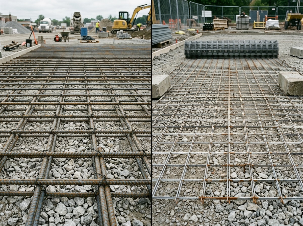 Side-by-side comparison of a steel rebar grid pattern and a welded wire mesh sheet used in Denver Metro concrete reinforcement