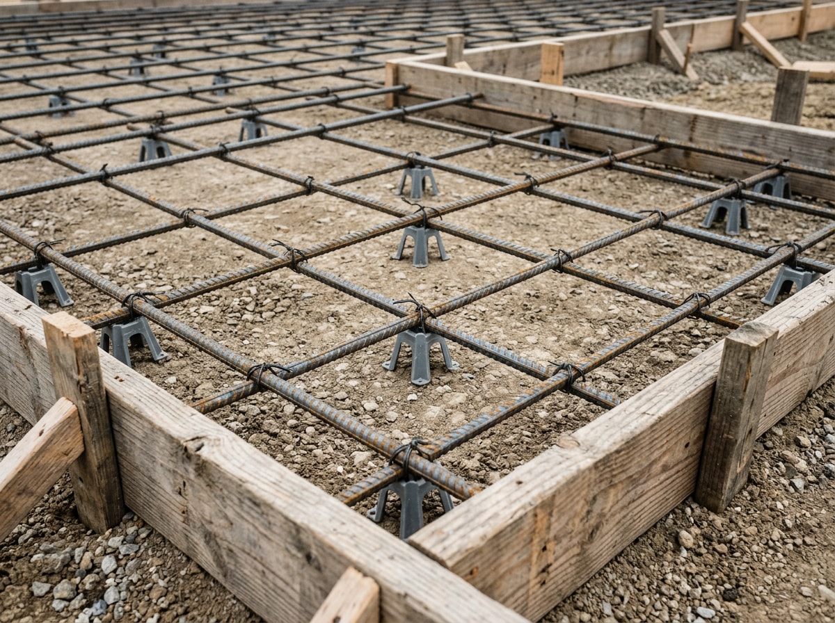 Rebar grid set on plastic chairs to achieve mid-slab placement before a concrete driveway pour