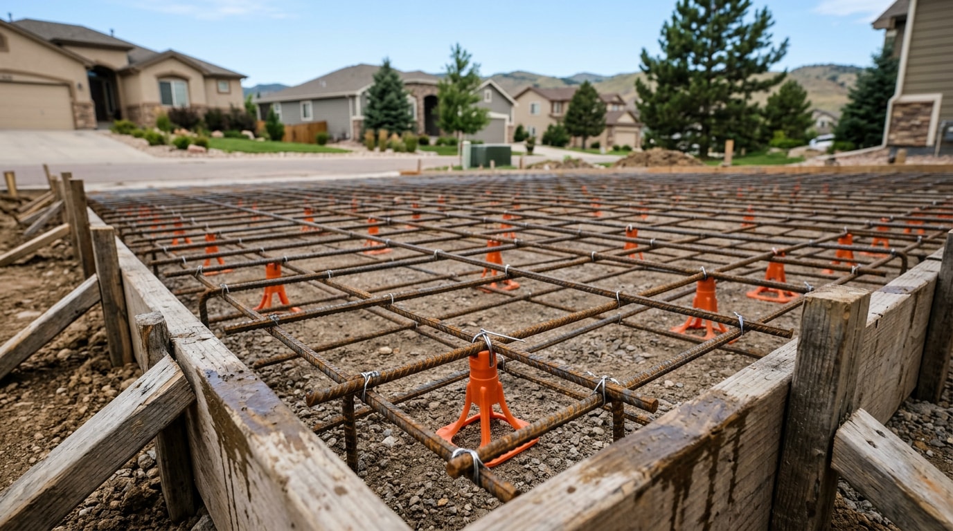 Steel rebar grid installed inside driveway forms before a concrete pour in Denver Metro Steel rebar grid installed inside driveway forms before a concrete pour in Denver Metro