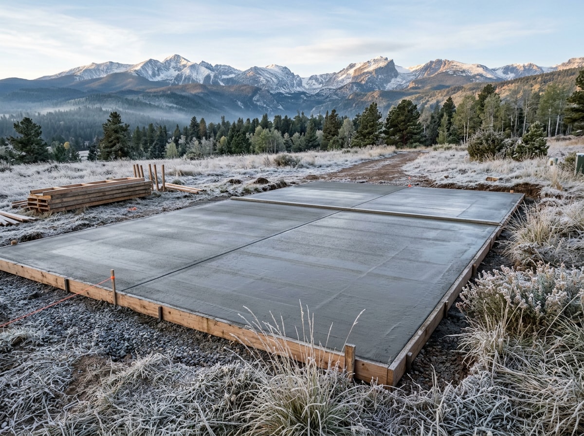 Freshly poured concrete slab in a Golden, Colorado foothills setting with frost on the ground