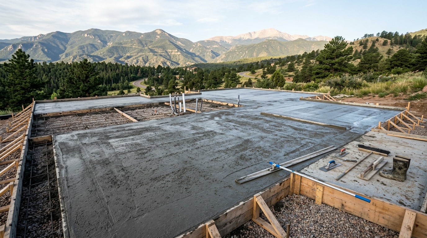 Freshly poured concrete slab foundation in a Golden, Colorado foothills setting