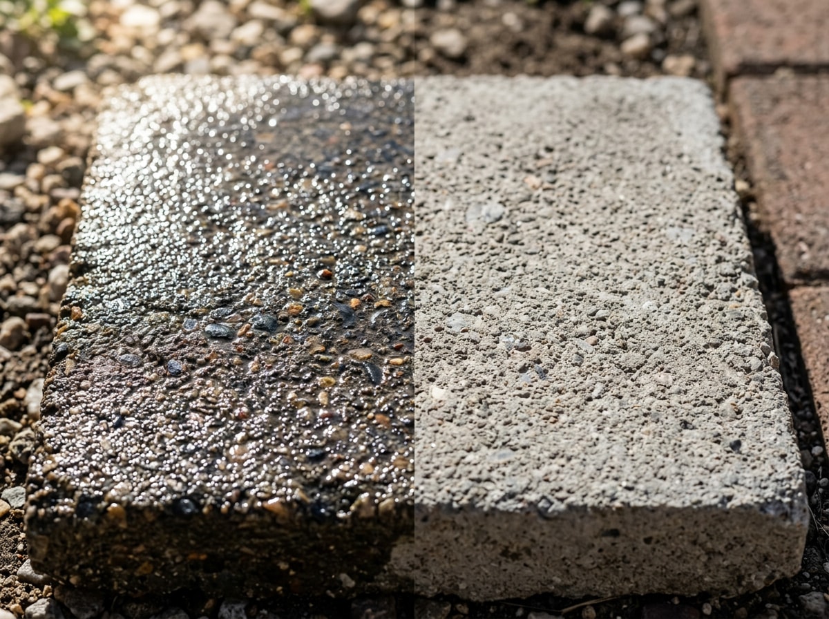 Side-by-side comparison of wet-look topical concrete sealer versus natural matte finish of penetrating sealer