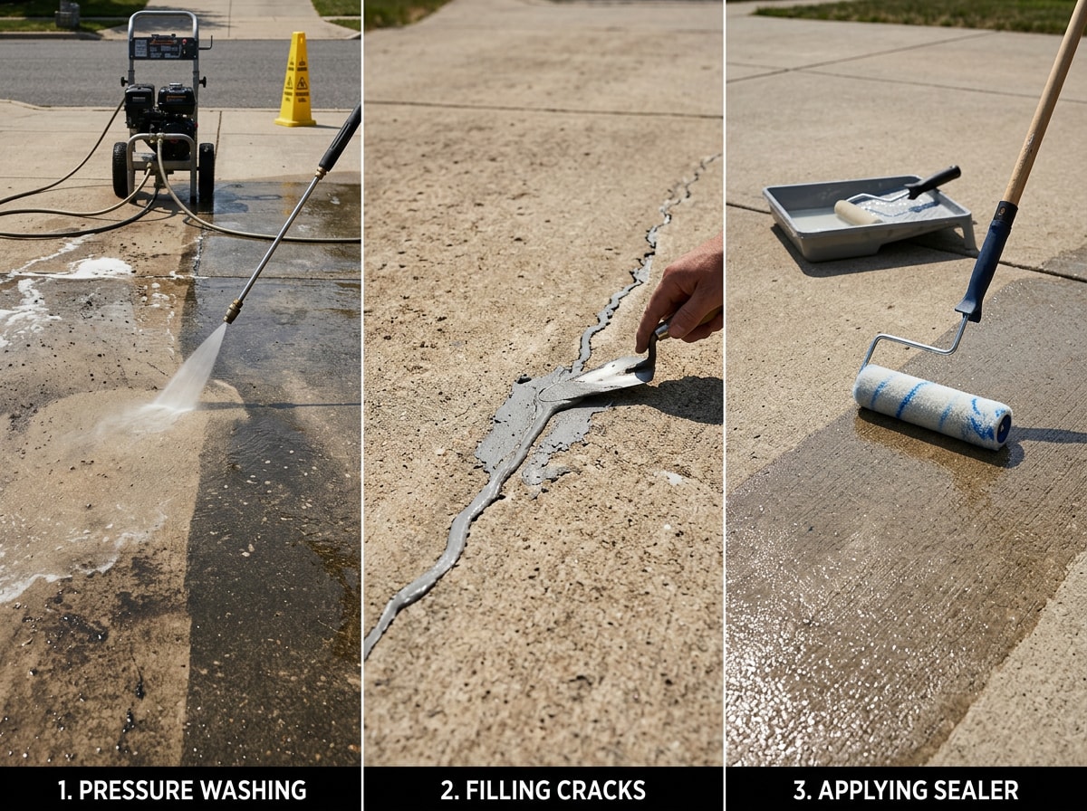 Step-by-step sequence showing driveway cleaning, crack repair, and sealer application on a concrete surface