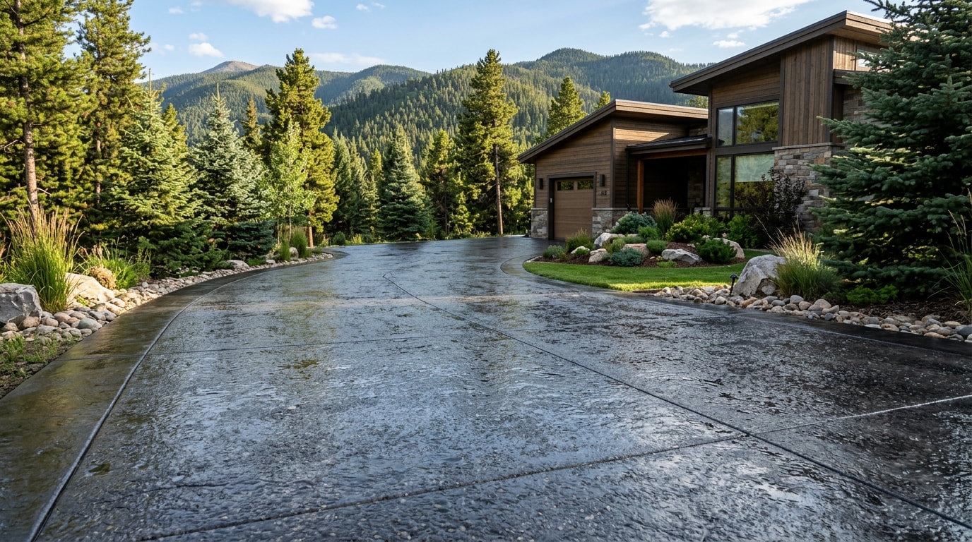 Freshly sealed concrete driveway in front of a mountain home in Evergreen, Colorado