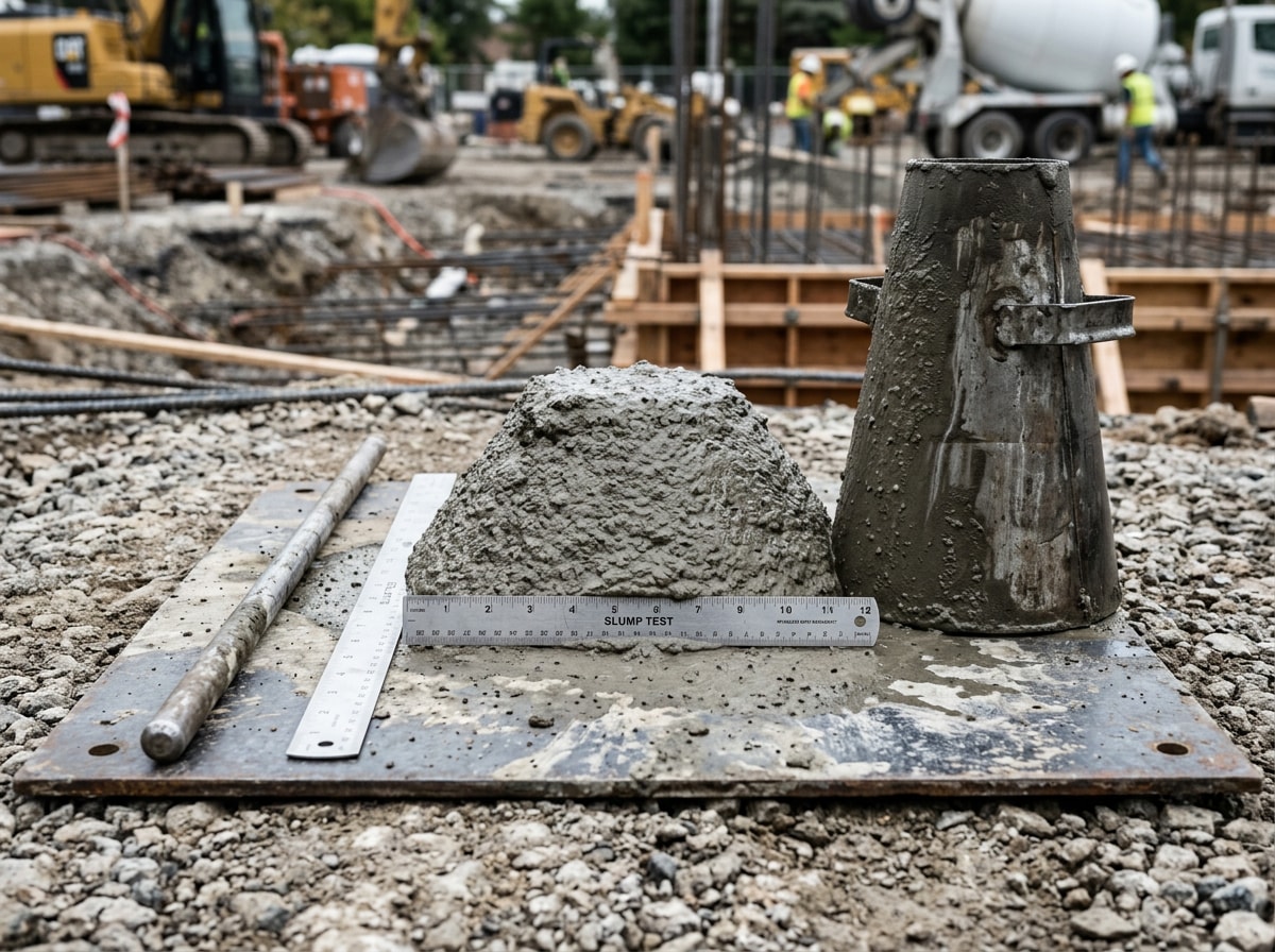 Abrams cone slump test being performed on a fresh concrete sample