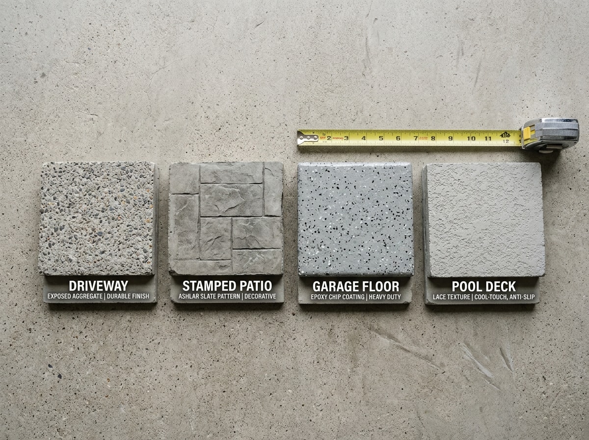 Chart comparing recommended slump ranges for residential driveways, patios, garage floors, and pool decks
