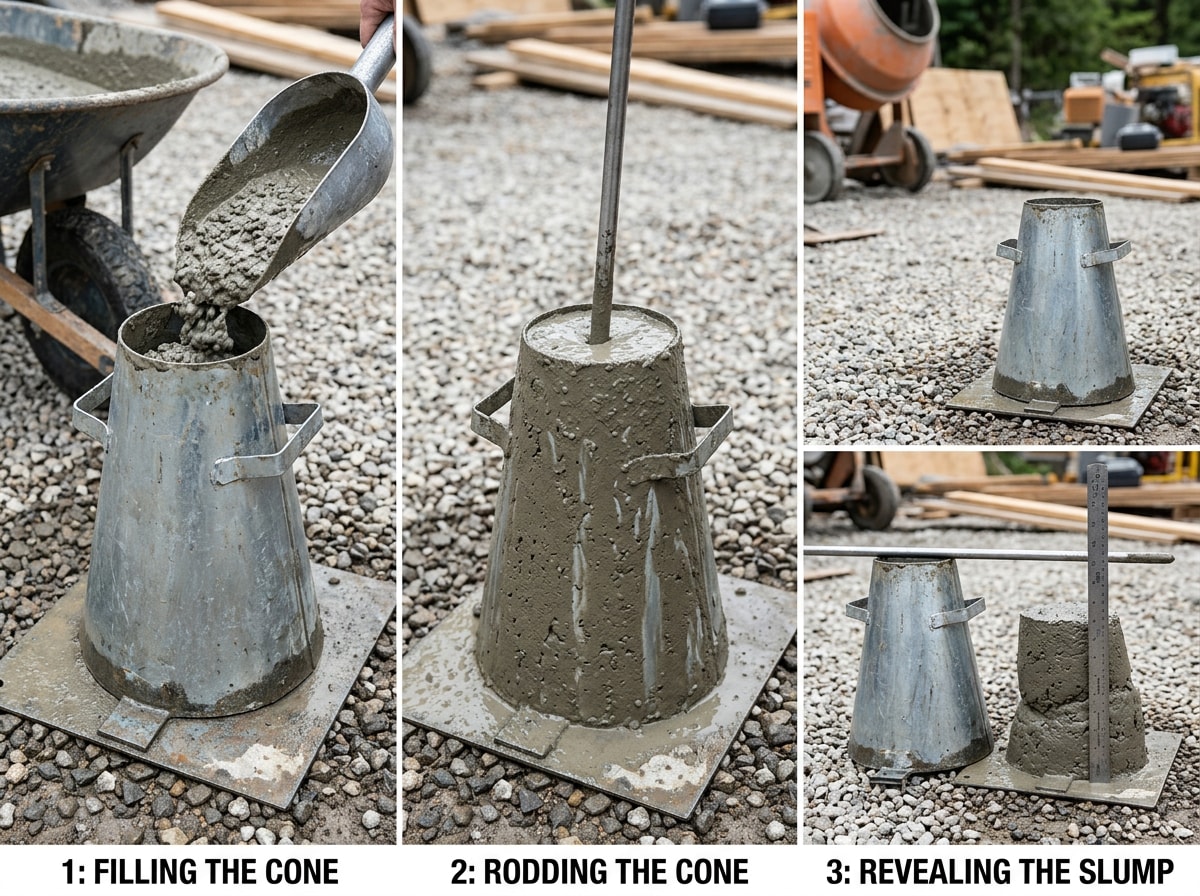 Step-by-step diagram showing rodding, layer filling, and measuring a concrete slump cone