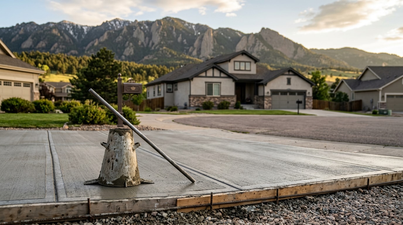 Freshly poured concrete driveway in a South Denver suburb with slump testing equipment nearby Freshly poured concrete driveway in a South Denver suburb with slump testing equipment nearby