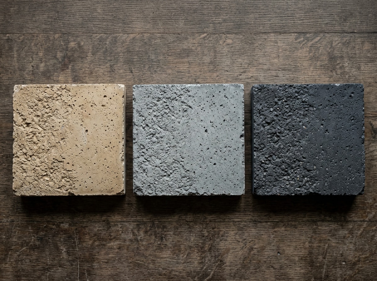 Side-by-side comparison of light earth tone, medium gray, and charcoal concrete stain colors on a driveway