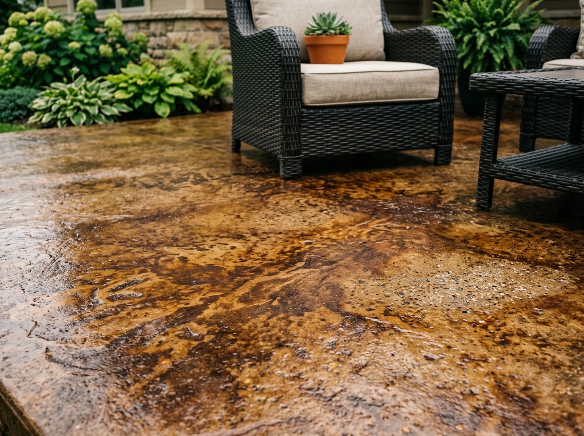 Walnut brown acid stain finish on a concrete patio with warm, variegated brown tones