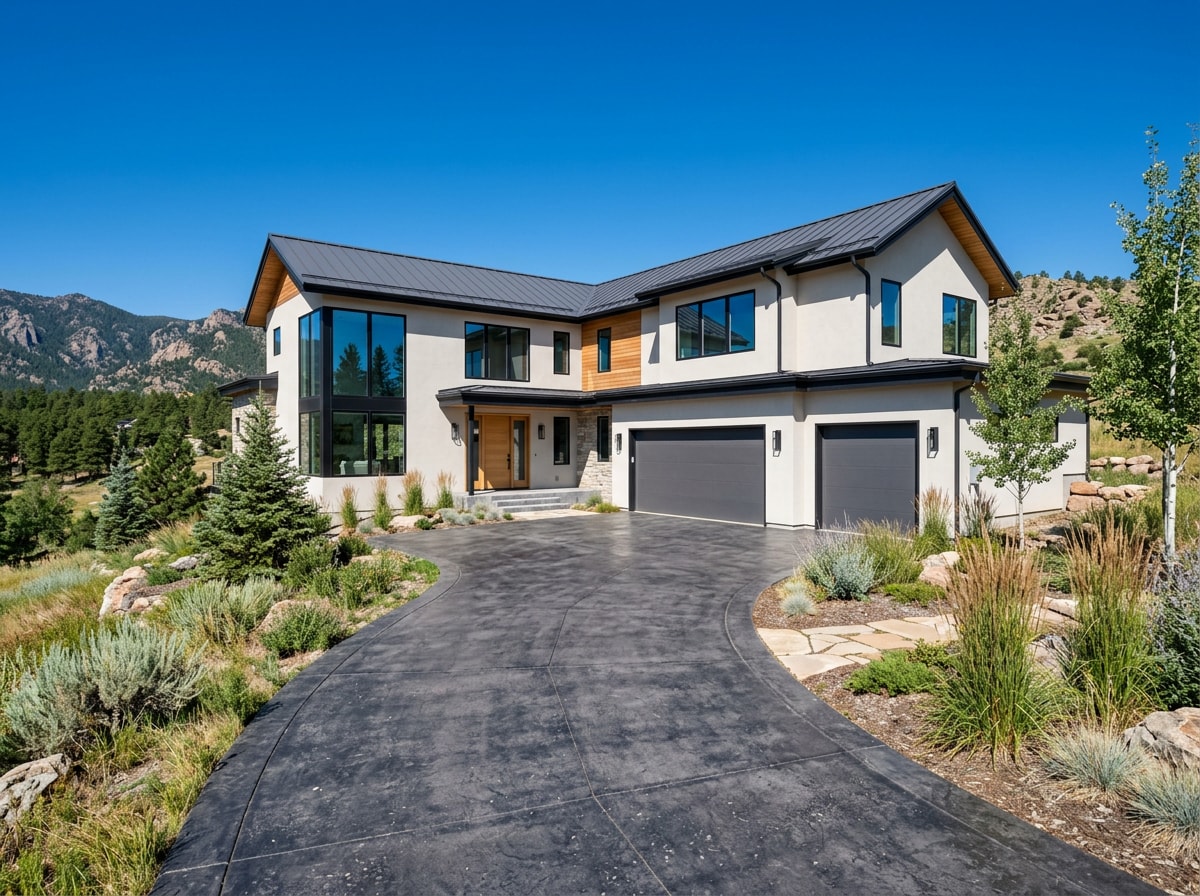 Charcoal gray stained concrete driveway in front of a modern Castle Rock, CO home