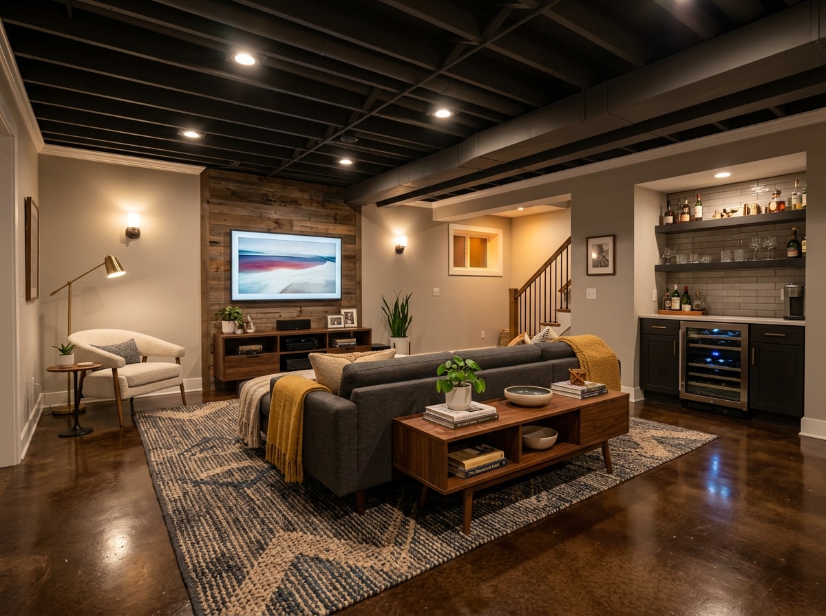 Espresso brown stained concrete floor in a finished basement living space
