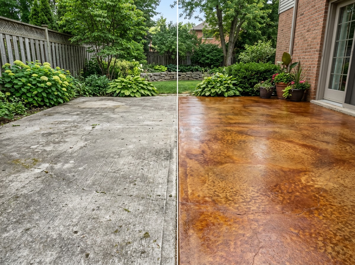 Before and after comparison of a plain gray concrete patio transformed with earth tone stain