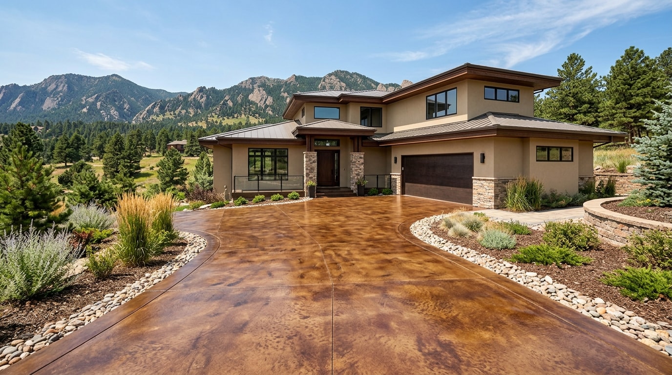 Walnut brown stained concrete driveway in front of a Castle Rock, CO home