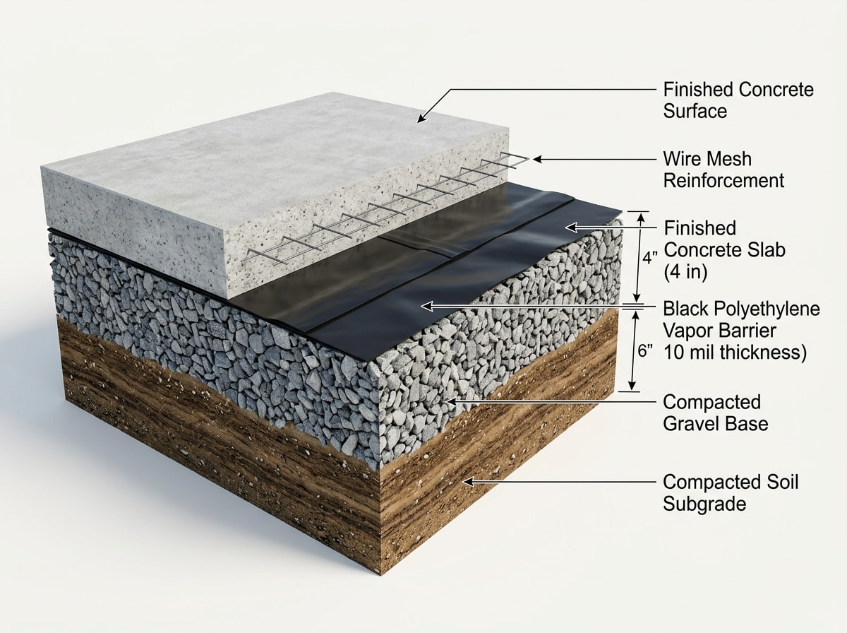 Cross-section diagram showing subgrade, gravel base, polyethylene vapor barrier, and concrete slab layers