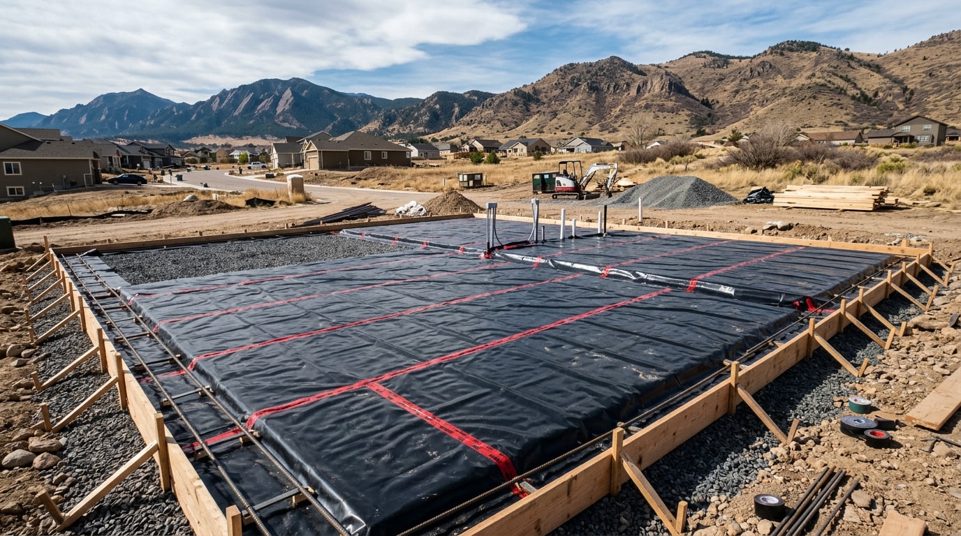 Polyethylene vapor barrier installed over compacted gravel base before a concrete slab pour in North Denver and Boulder County Polyethylene vapor barrier installed over compacted gravel base before a concrete slab pour in North Denver and Boulder County