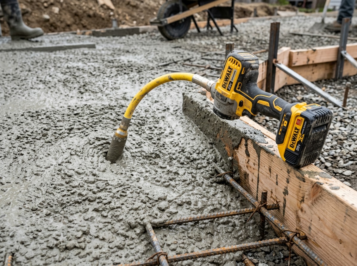 Cordless pencil vibrator with flexible shaft consolidating a freshly poured residential driveway slab