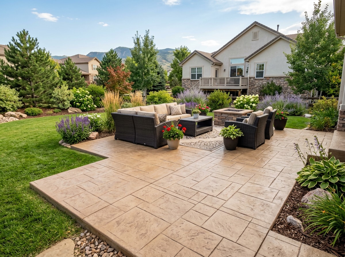 Finished stamped concrete patio in Highlands Ranch showing an even, void-free surface after proper vibration
