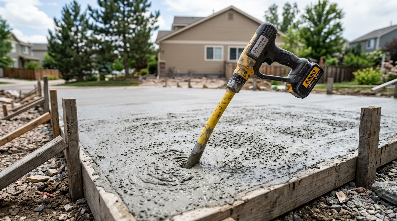 Cordless concrete vibrator consolidating a freshly poured residential driveway slab Cordless concrete vibrator consolidating a freshly poured residential driveway slab