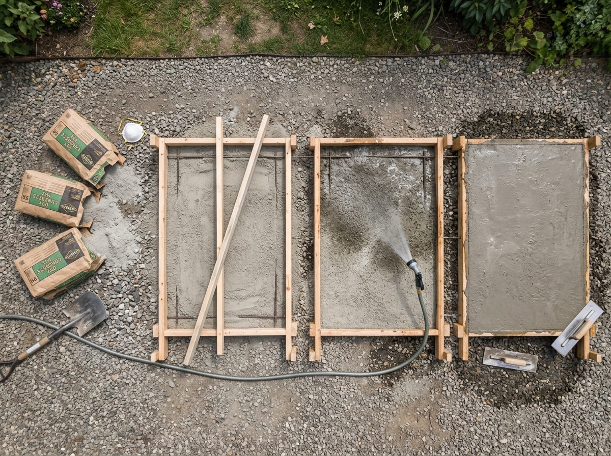 Labeled diagram showing the dry pour concrete slab process from dry mix to misting