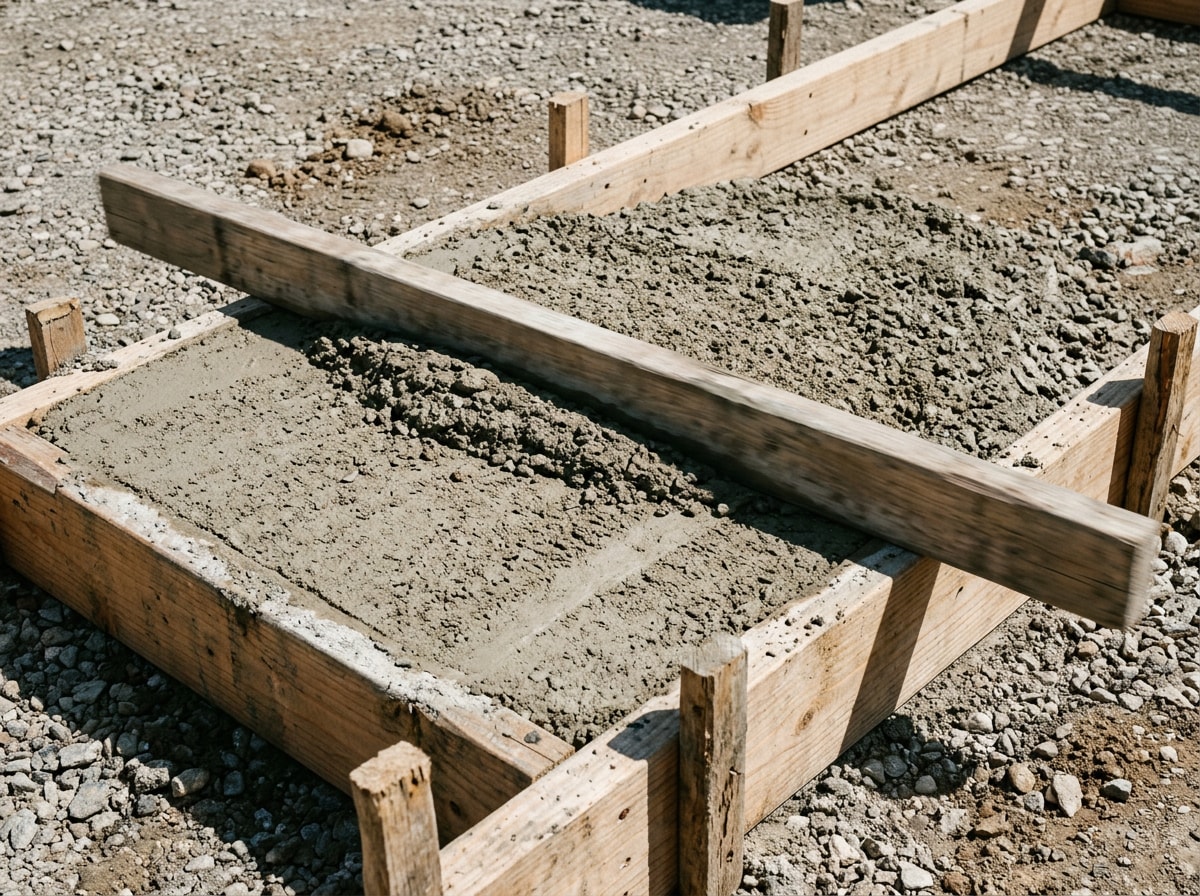 Homeowner screeding a dry pour concrete slab form with a straight board