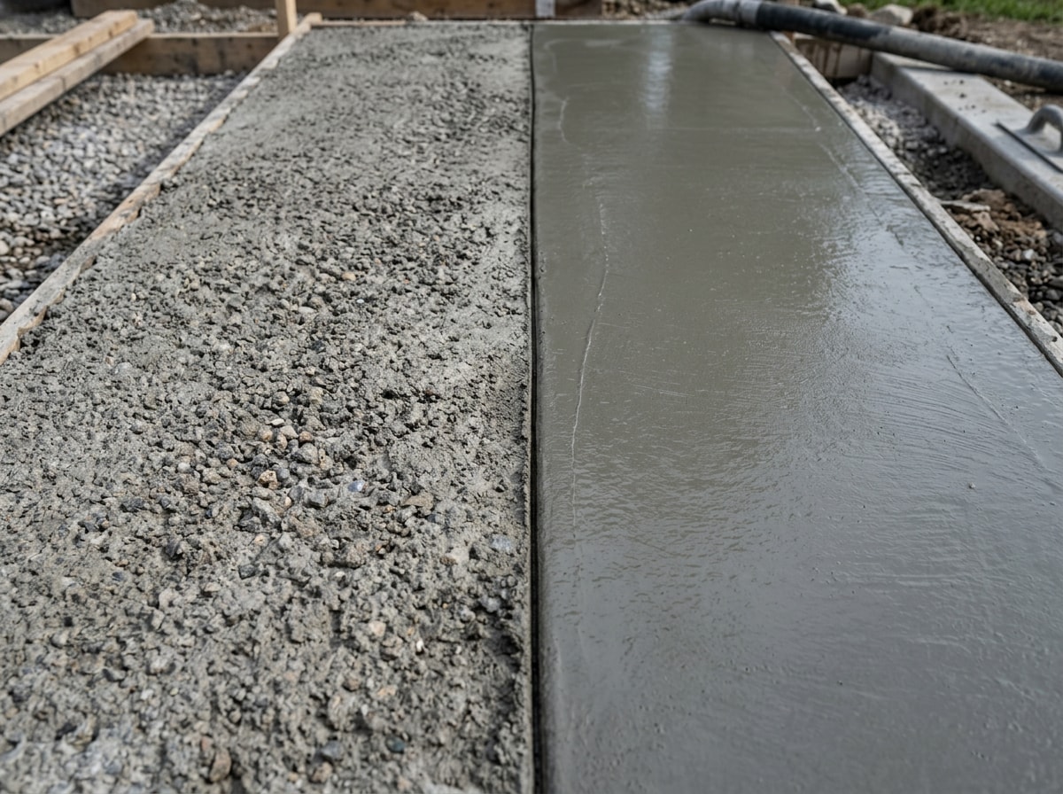 Side-by-side comparison table of dry pour versus wet pour concrete strength and uses