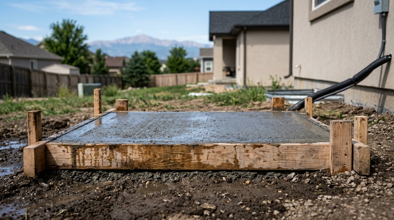 Freshly dry poured concrete slab in a Denver backyard with wooden form boards