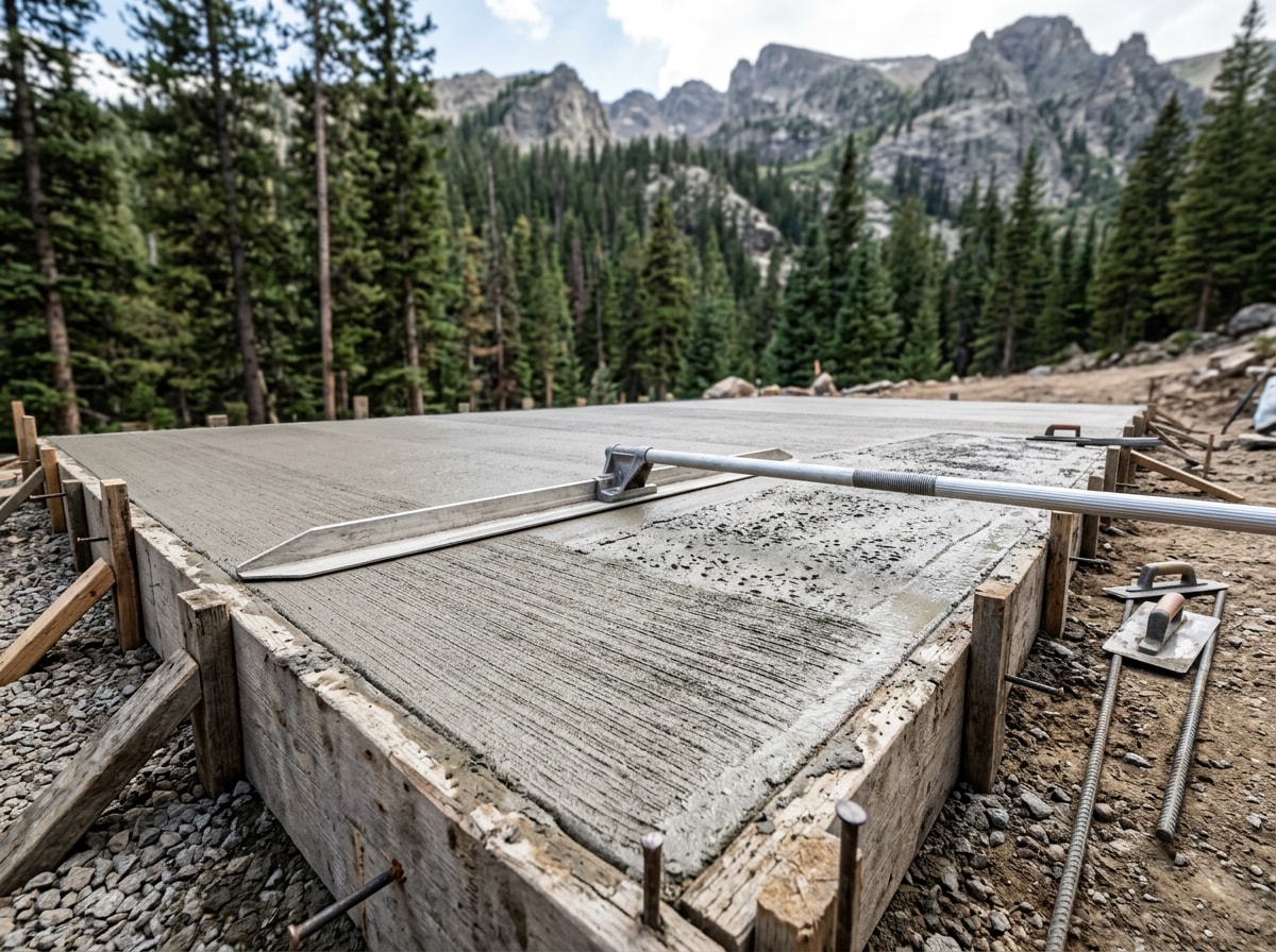 Concrete contractor finishing a driveway slab pour in a mountain foothills setting