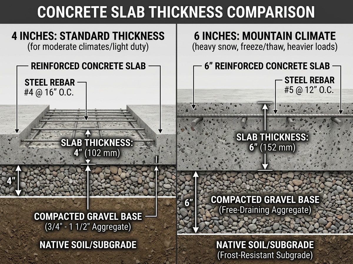Side-by-side infographic comparing national standard concrete thickness versus Evergreen-area recommended thickness for slabs, driveways, and footings