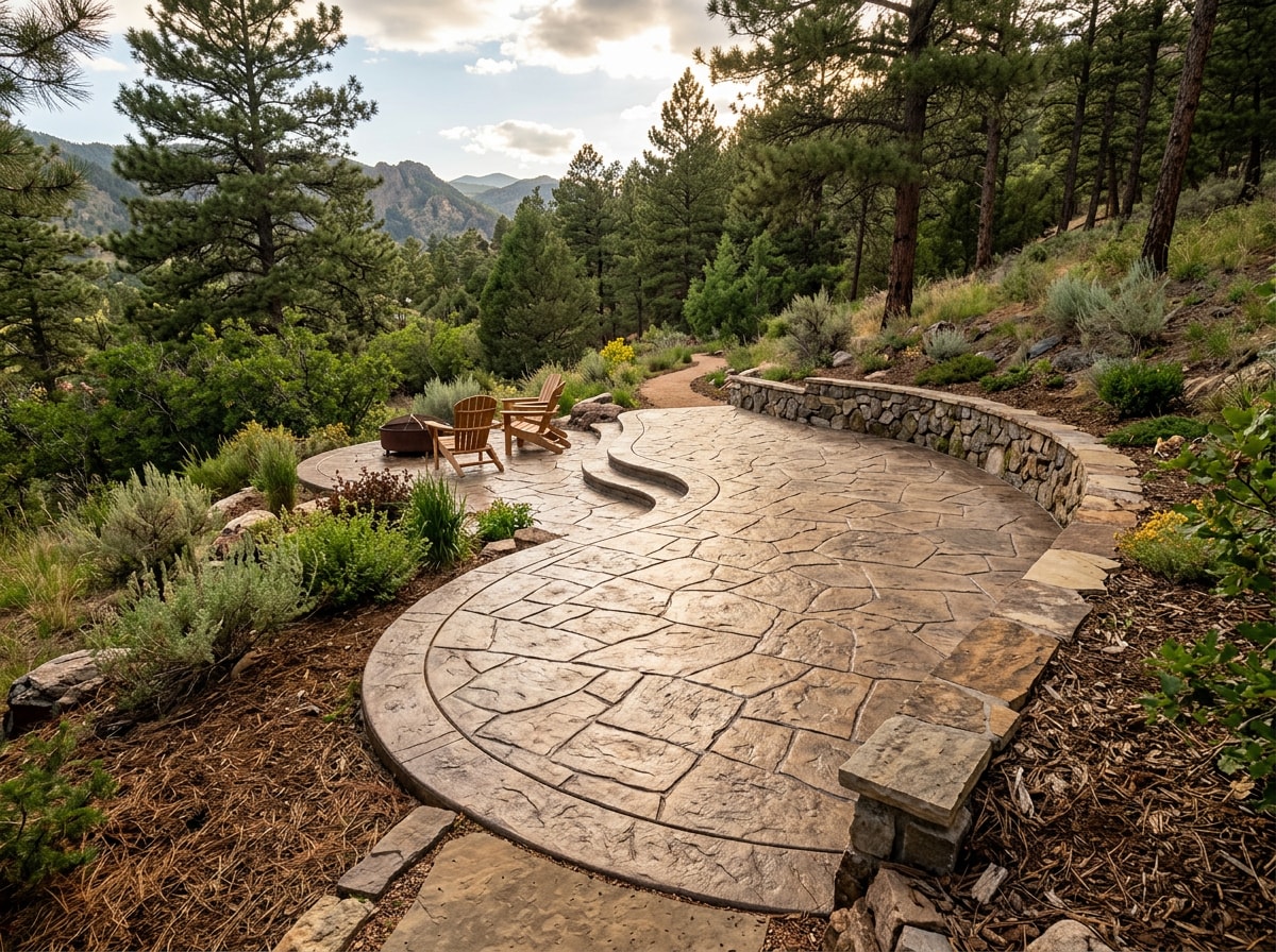 Stamped concrete patio installed on a sloped foothills lot near Evergreen, Colorado
