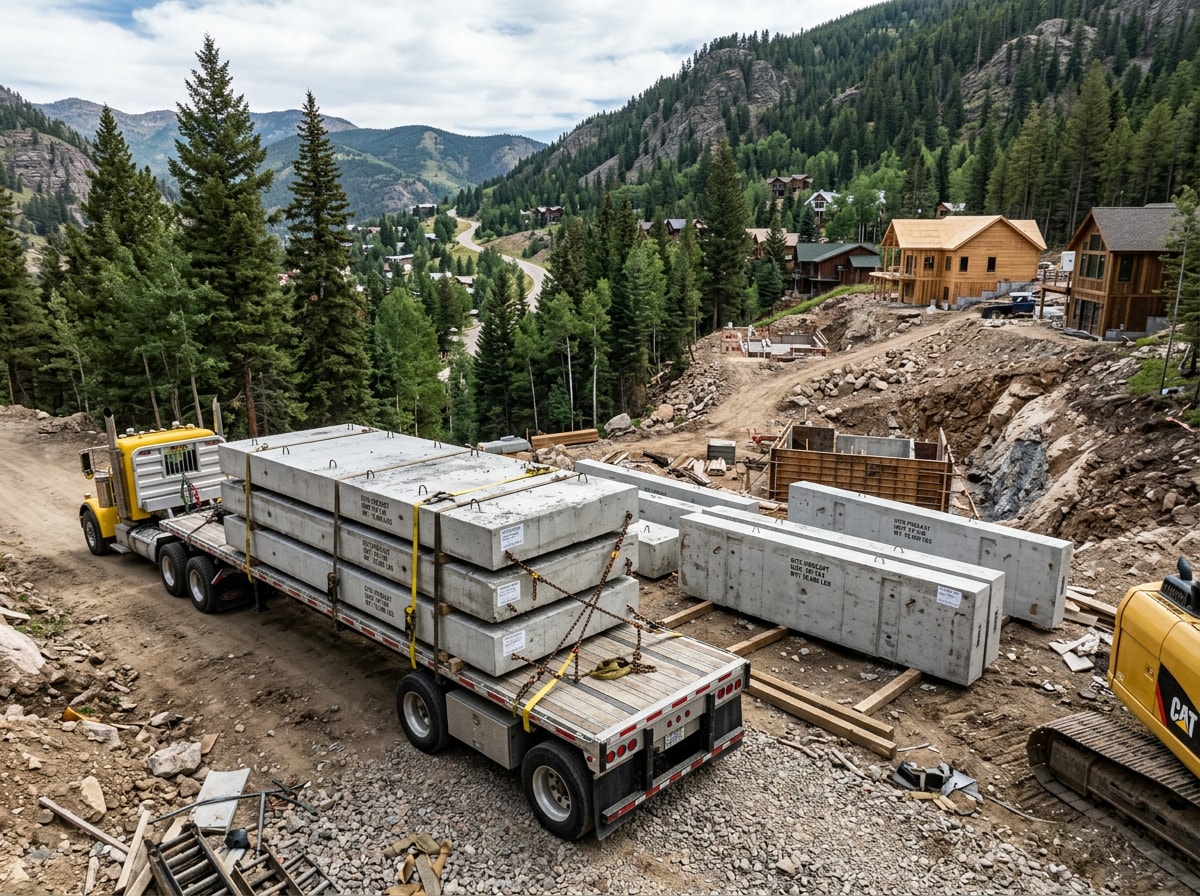 Precast concrete foundation panels staged for installation on a sloped hillside lot in Evergreen, CO